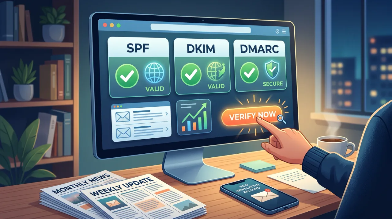 PCモニターにSPF・DKIM・DMARCの認証ステータスが「Valid」「Valid」「Secure」と並び、ユーザーが「VERIFY NOW」ボタンを押そうとしている。デスクには紙のニュースレター束とスマホのニュースレター受信通知が置かれ、ドメイン認証が整っているからこそメールが届くという構図を示したイラスト