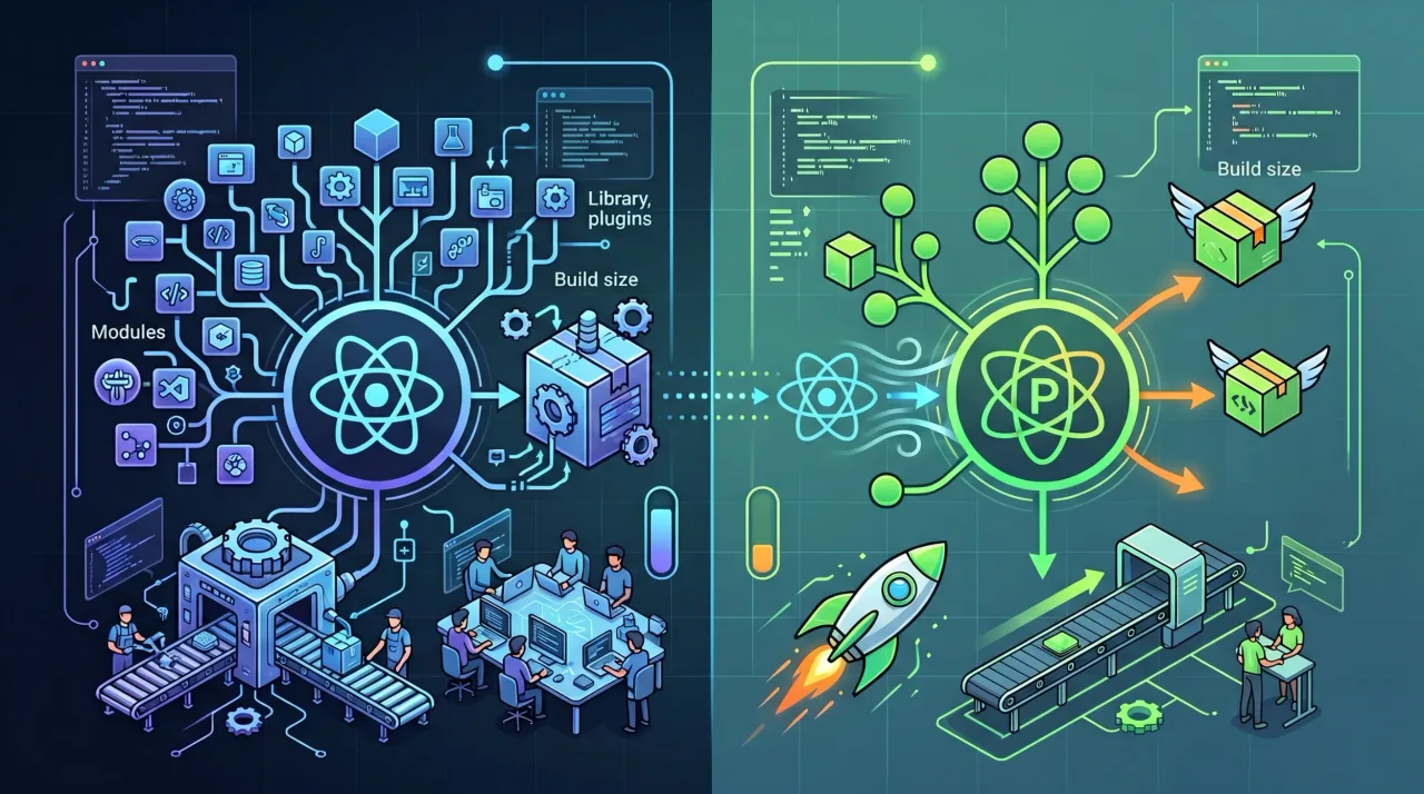 ReactとPreactのアーキテクチャ比較図。左半分（ネイビー）がReactで、多数のモジュール・ライブラリ・プラグインが複雑に絡み合い、重い工場のような製造ラインと大きなビルドサイズを示している。右半分（ティール）がPreactで、シンプルなツリー構造から軽量なパッケージが翼をつけて飛び立つように出力され、ロケットと小さなコンベアラインで高速・軽量なビルドを表現している。