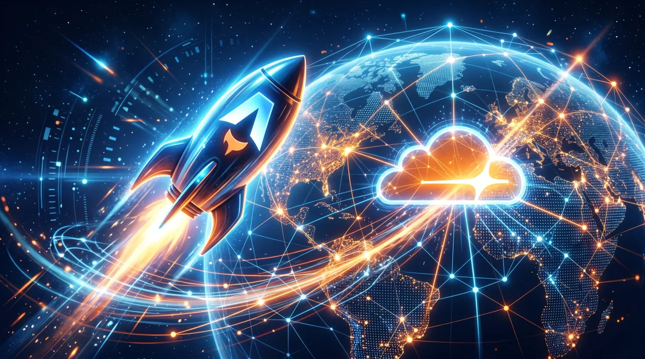 崩壊するWordPressロゴにCloudflare WAFのシールドが攻撃を仕掛けるコンセプトイラスト。プラグイン脆弱性・セキュリティ崩壊を表現