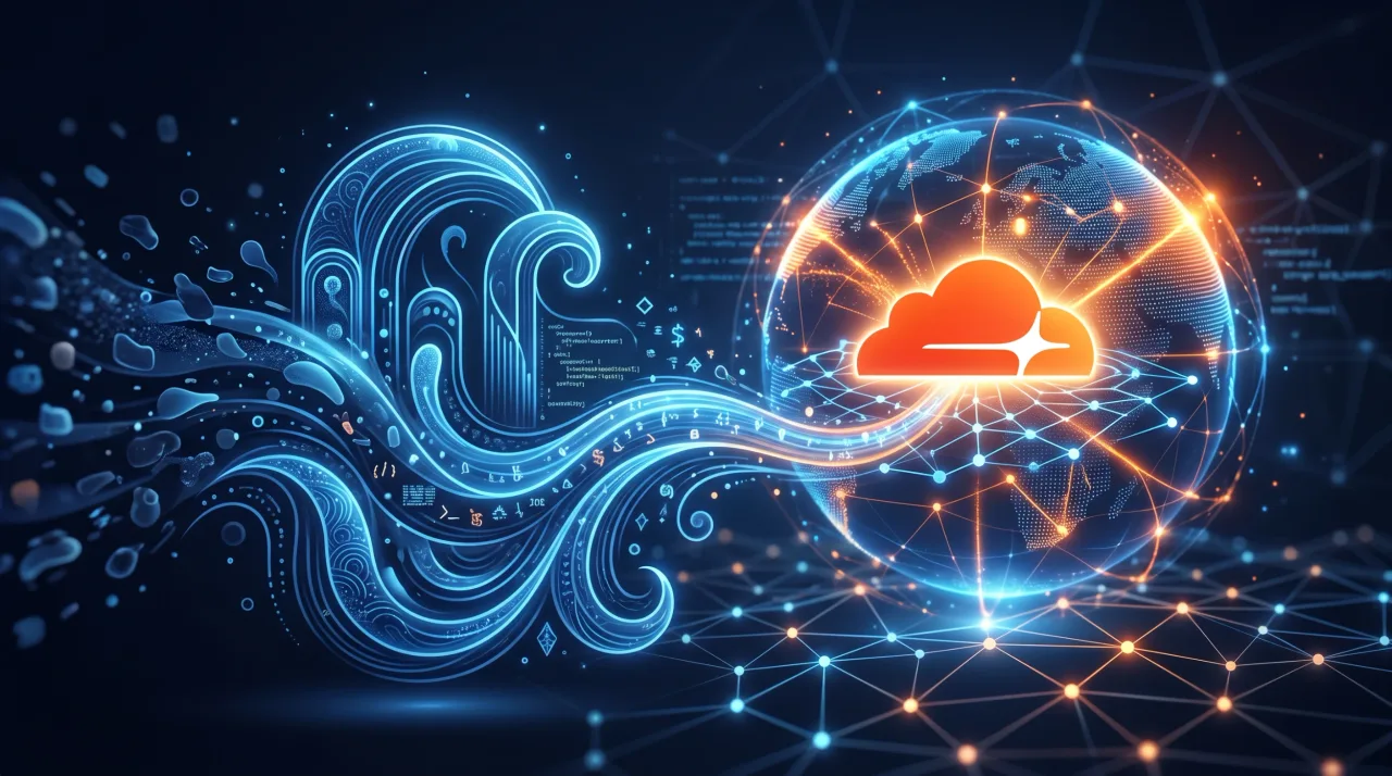 Drizzle ORMとCloudflare D1のロゴが並ぶ、エッジデータベースのイラスト