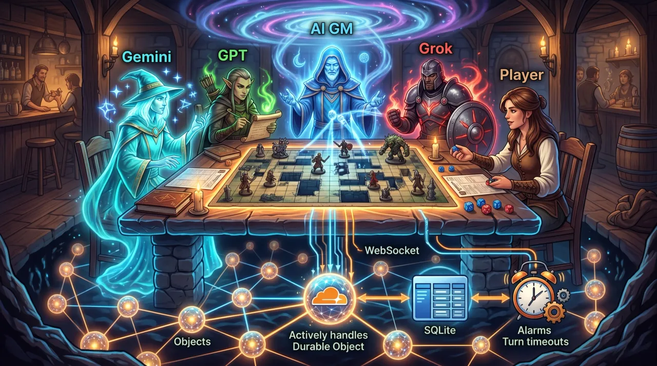 酒場のテーブルでTRPGを囲むAIキャラクター（Gemini・GPT・Grok）とAI GM、人間プレイヤーのイラスト。テーブル下にDurable ObjectとWebSocket・SQLite・Alarmsの接続図が描かれ、ゲームとインフラが一体化した構造を視覚的に表現している。